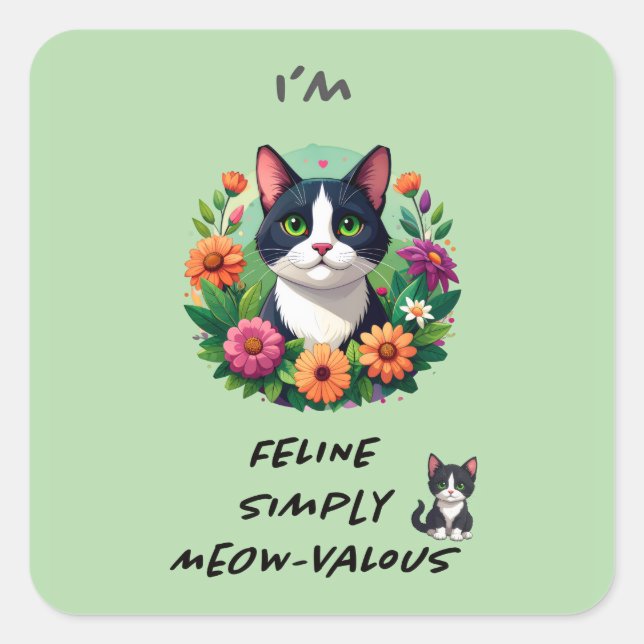 Cat lovers floral Tuxedo cat 'Spring Sticker  (Front)