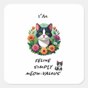 Cat lovers floral Tuxedo cat  Square Sticker