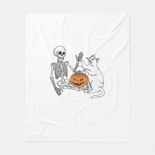 Cat Lovers Halloween Funny Skeleton and Cat Lazy C Fleece Blanket