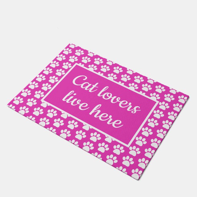 Cat Lovers Live Here Cute Pink and White Paw Print Doormat (Angled)