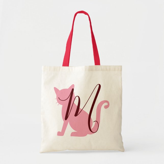 Cat Lovers Monogram Pink and Burgundy Tote Bag (Front)