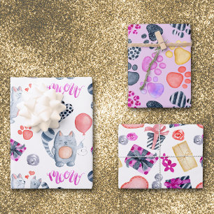 Cat Lovers Pattern Birthday Wrapping Paper Sheet