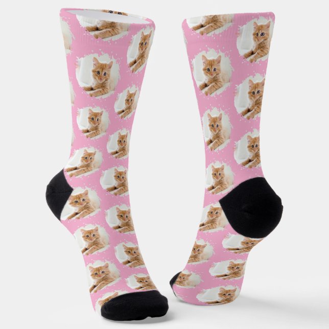 Cat Lovers Personalized Photo Pattern Pink Socks (Angled)