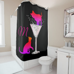 Cat Lovers Pink Black Modern Monogram Shower Curtain
