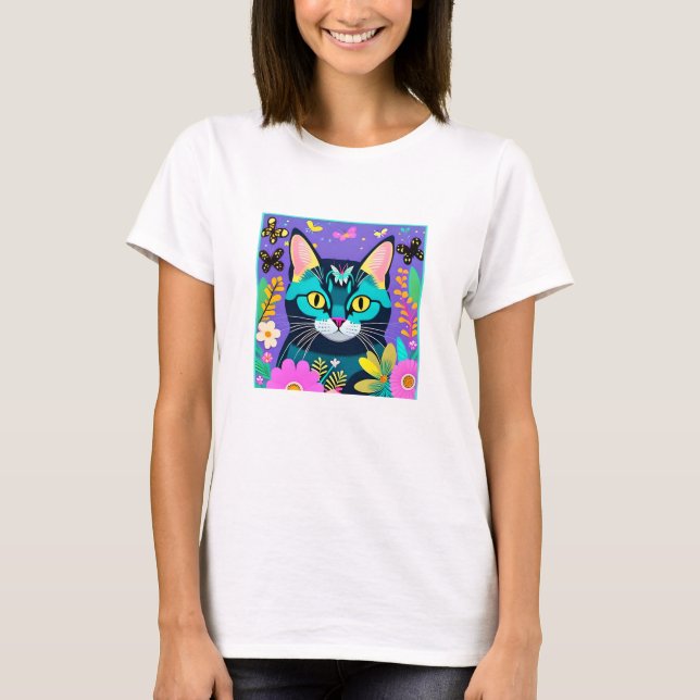 Cat lovers Whimsical Floral Cat Digital Art T-Shirt (Front)