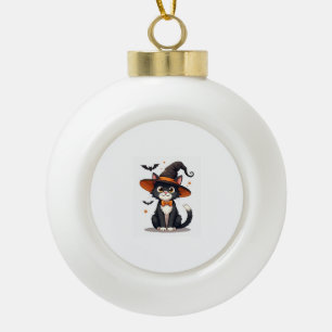 Cat Lovers Witches Hat on Tuxedo Cat Halloween Men Ceramic Ball Christmas Ornament