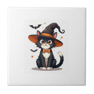 Cat Lovers Witches Hat on Tuxedo Cat Halloween Men Ceramic Tile
