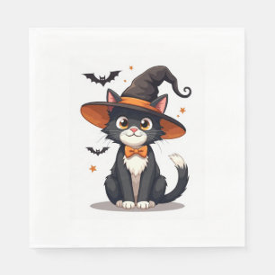 Cat Lovers Witches Hat on Tuxedo Cat Halloween Men Napkin