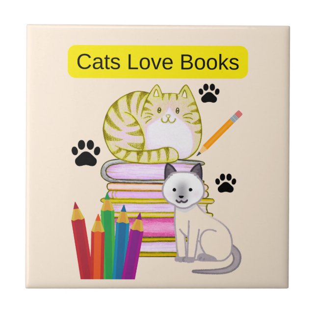 Cat Loves Books Ceramic Tile (Front)