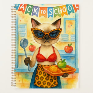 Cat Lunch Lady Serving Food Back to School Themed Planner