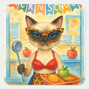 Cat Lunch Lady Serving Food Back to School Themed Square Sticker