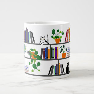 Cat Lying on a Bookshelf, Cat Book And Plant Gift Large Coffee Mug
