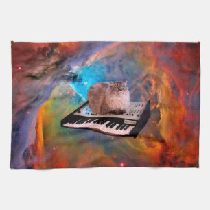 Cat lying on a keyboard in the space tea towel