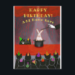 Cat magic show birthday any year Flat Card<br><div class="desc">Naughty birthday cats observe the rabbit in the magic hat with bad intent. This cute card depicts an imaginary cat birthday party with a magician performing the famous Rabbit out of the hat trick. behind the stage, mischief is in the making! choose this card for your cat lover friends and...</div>