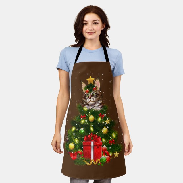 Cat Maine Coon Cat Xmas Tree Lights Cat Lover Ugly Apron (Worn)