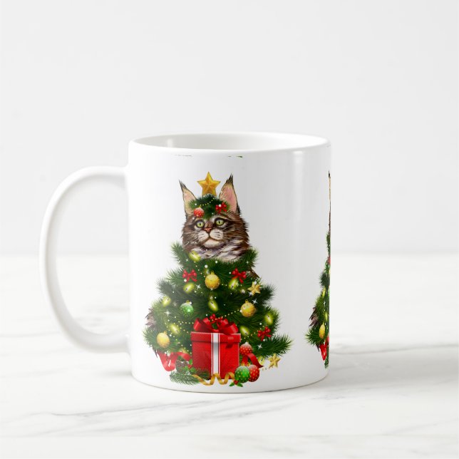 Cat Maine Coon Cat Xmas Tree Lights Cat Lover Ugly Coffee Mug (Left)