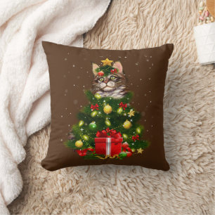 Cat Maine Coon Cat Xmas Tree Lights Cat Lover Ugly Cushion