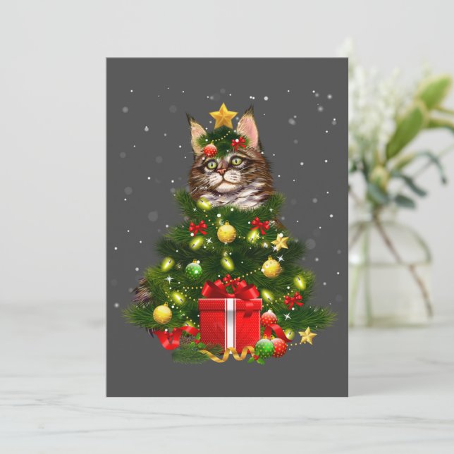 Cat Maine Coon Cat Xmas Tree Lights Cat Lover Ugly Invitation (Standing Front)