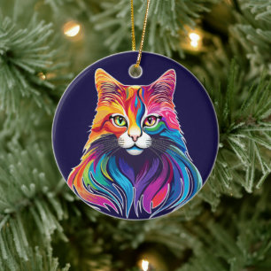 Cat Maine Coon Portrait Rainbow Colours  Ceramic Ornament