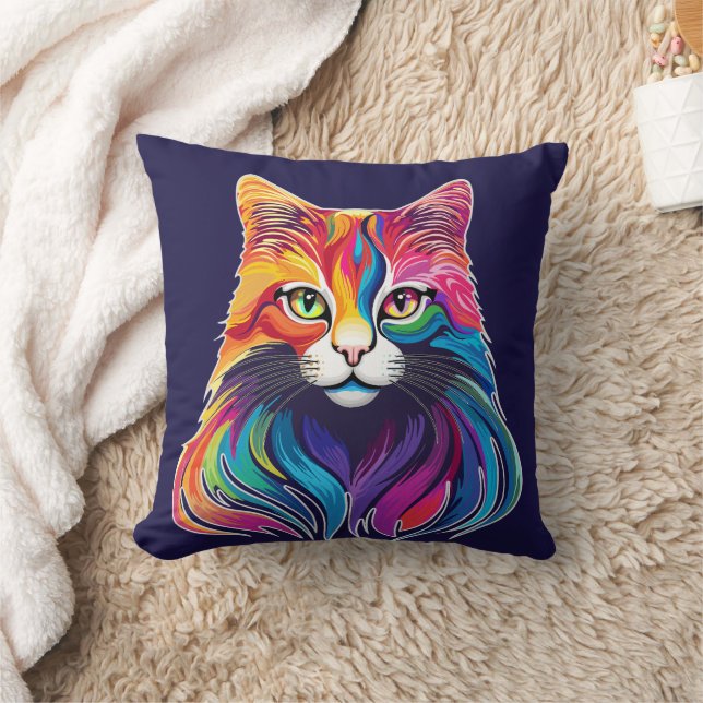 Cat Maine Coon Portrait Rainbow Colours  Cushion (Blanket)