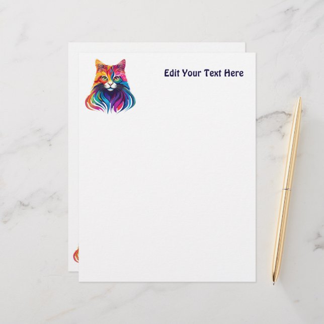 Cat Maine Coon Portrait Rainbow Colours  Custom Letterhead (Front/Back In Situ)
