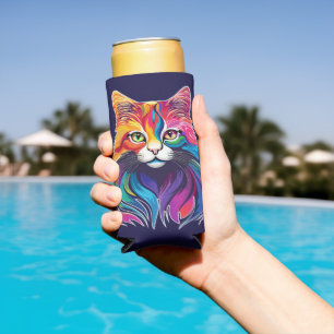 Cat Maine Coon Portrait Rainbow Colours Seltzer Can Cooler