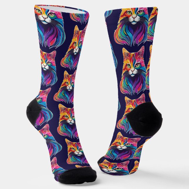 Cat Maine Coon Portrait Rainbow Colours  Socks (Angled)