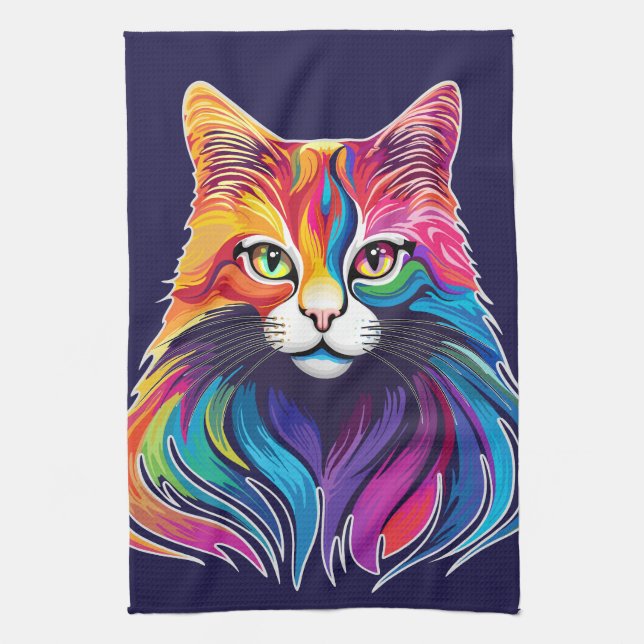 Cat Maine Coon Portrait Rainbow Colours  Tea Towel (Vertical)