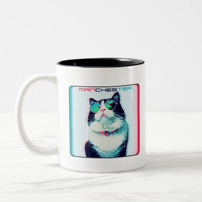 Cat Manchester in glasses Two-Tone Coffee Mug (Left)