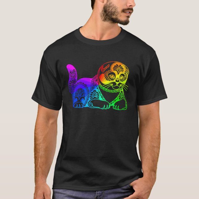 Cat Mandala Rainbow Kitty Geometric Yoga Meditatio T-Shirt (Front)