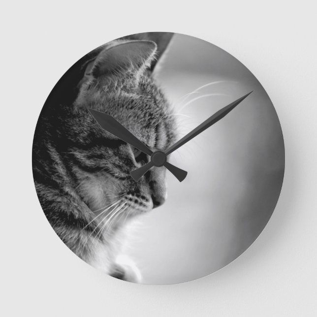 Cat Meditating Black and White Round Clock (Front)