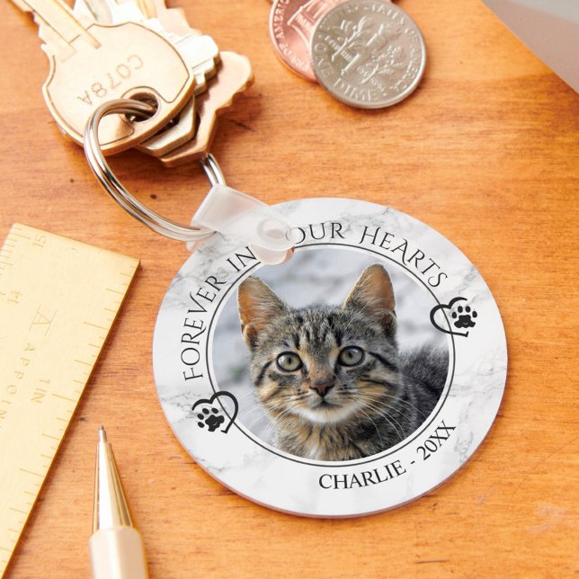 Cat Memorial Forever in Our Hearts Photo Marble Key Ring (Creator Uploaded)