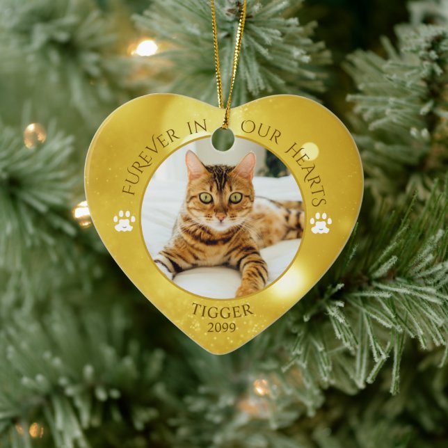 Cat Memorial FUREVER IN OUR HEARTS Photo Keepsake Ceramic Ornament (Tree)