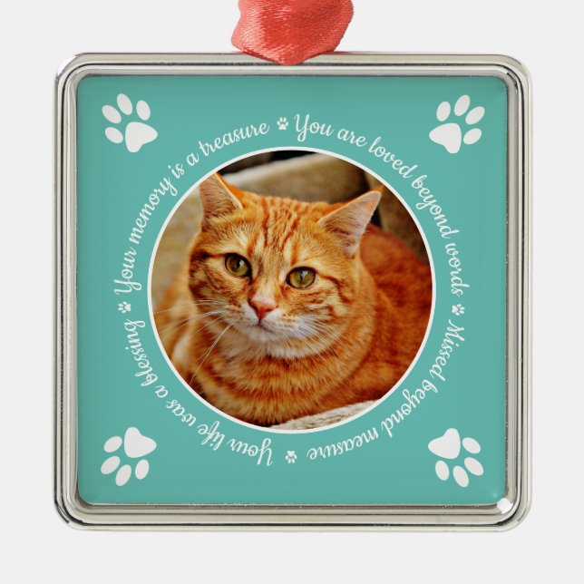 Cat Memorial Paw Prints Photo Metal Ornament (Front)
