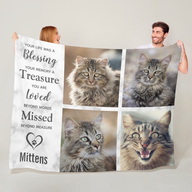 Cat Memorial Pet Loss Photo Collage Fleece Blanket (In Situ)