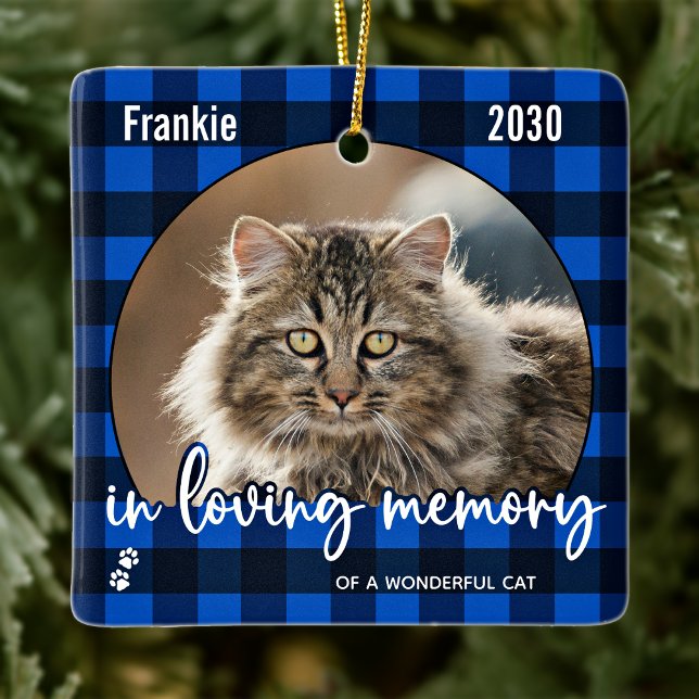 Cat Memorial Pet Loss Red Plaid Keepsake Photo Ceramic Ornament (Creator Uploaded)