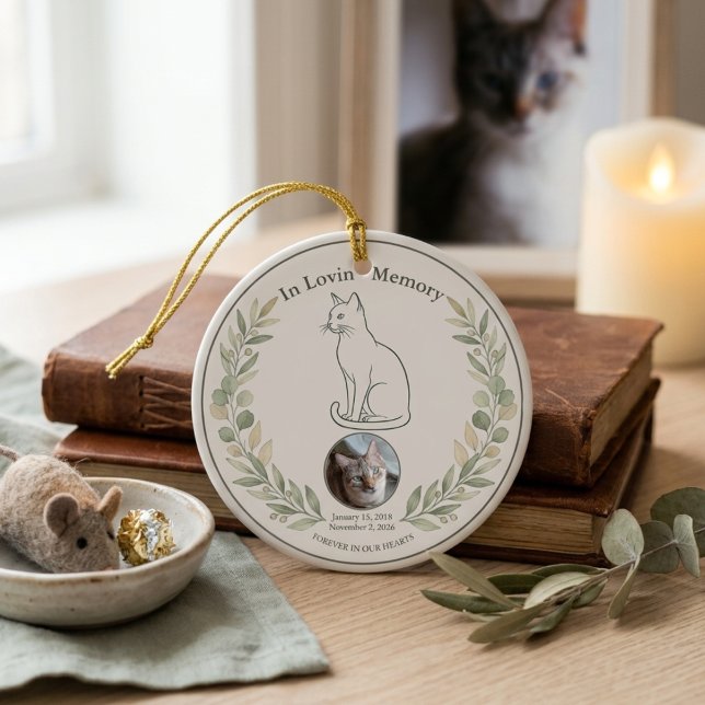Cat Memorial Sage Botanical Keepsake Ceramic Ornament (Cat Memorial Sage Botanical Keepsake Ceramic Ornament)