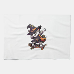 Cat Meow Debbing On Skateboad Apparel Kids Hallowe Tea Towel