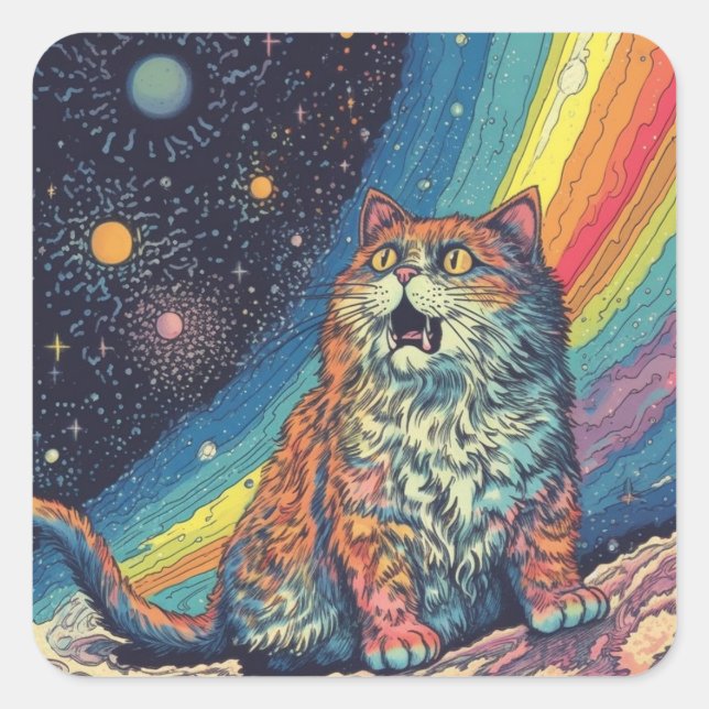 Cat Meows in space With Rainbow Square Sticker (Front)