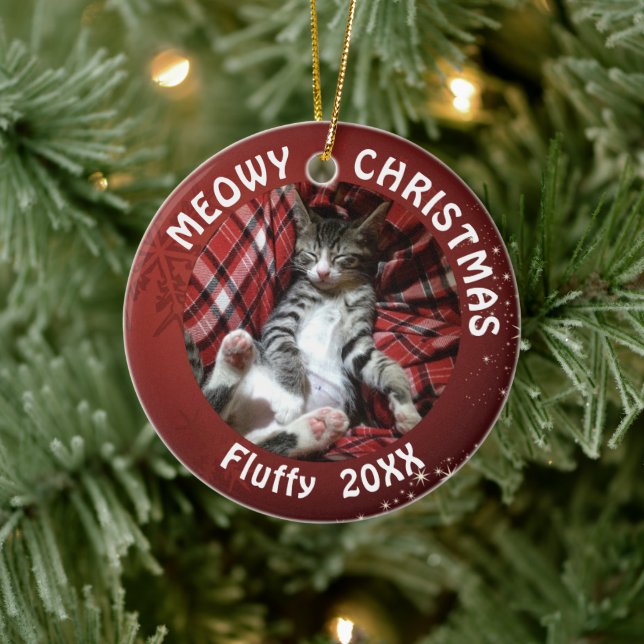 Cat MEOWY CHRISTMAS 2-Photo Red Ceramic Ornament (Tree)