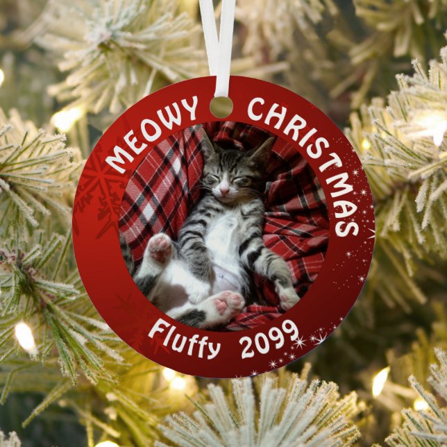 Cat MEOWY CHRISTMAS 2 Photos Name Red Metal Tree Decoration (Insitu)