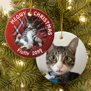 Cat "Meowy Christmas" 2-Sided 2-Photo Red Ceramic Tree Decoration