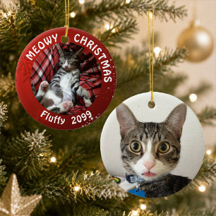 Cat "Meowy Christmas" 2-Sided 2-Photo Red Ceramic Tree Decoration