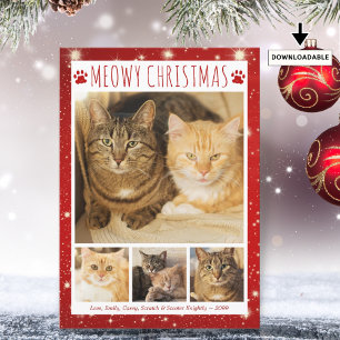 Cat MEOWY CHRISTMAS 4 Photos Red Pawprints Holiday Card