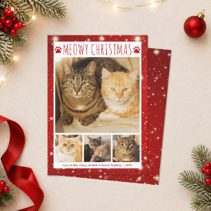 Cat MEOWY CHRISTMAS 4 Photos Red Pawprints Holiday Card