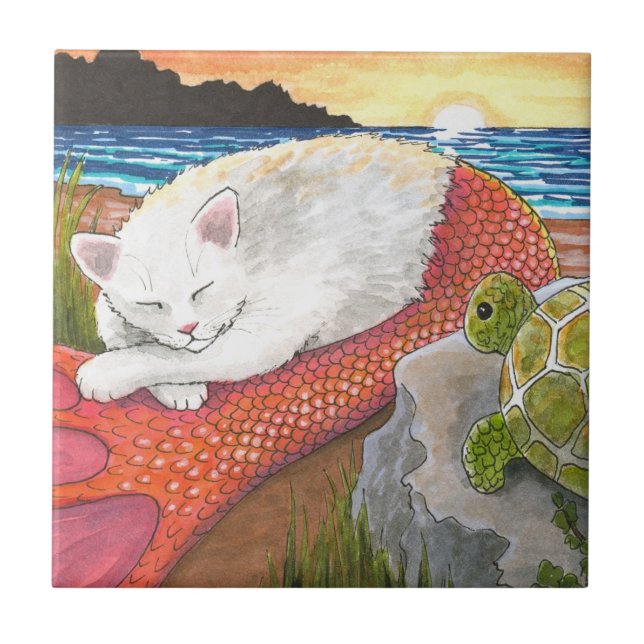 Cat Mermaid 26 Merkitty on beach with turtle Ceramic Tile (Front)