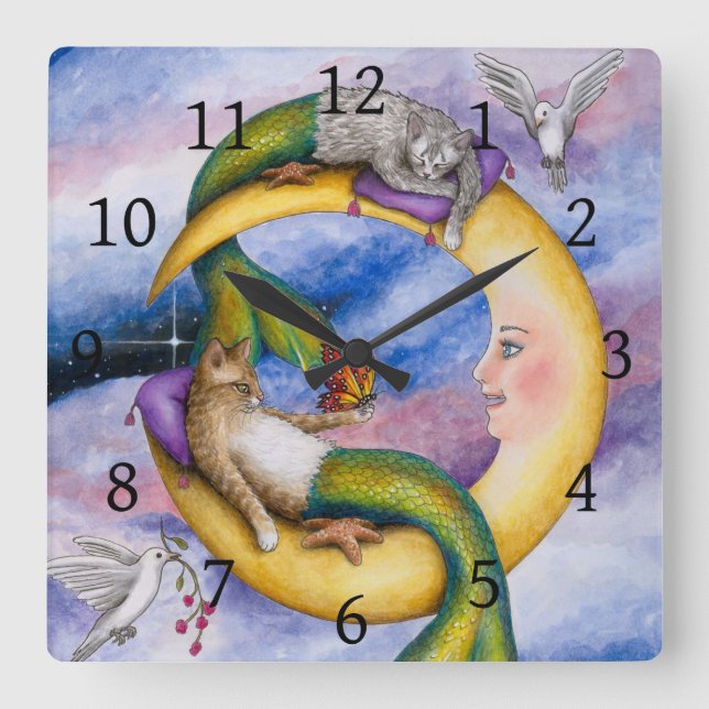 Cat Mermaid 29 Merkitty fantasy Cats on Moon Square Wall Clock (Front)