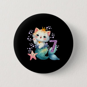 Cat Mermaid 7th Birthday 7 Year Old Party Girls Ou 6 Cm Round Badge