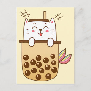 Cat Mermaid Boba Milk Tea Postcard