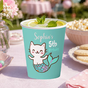 Cat Mermaid Girl Birthday Cute Purrmaid Meowmaid Paper Cups